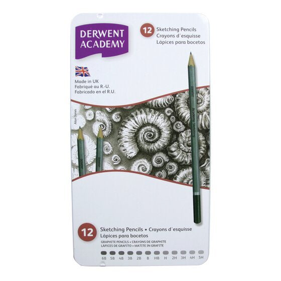 Derwent Academy Lápices De Grafito Para Sketching 5h-6b En Caja Metálica De 12ud