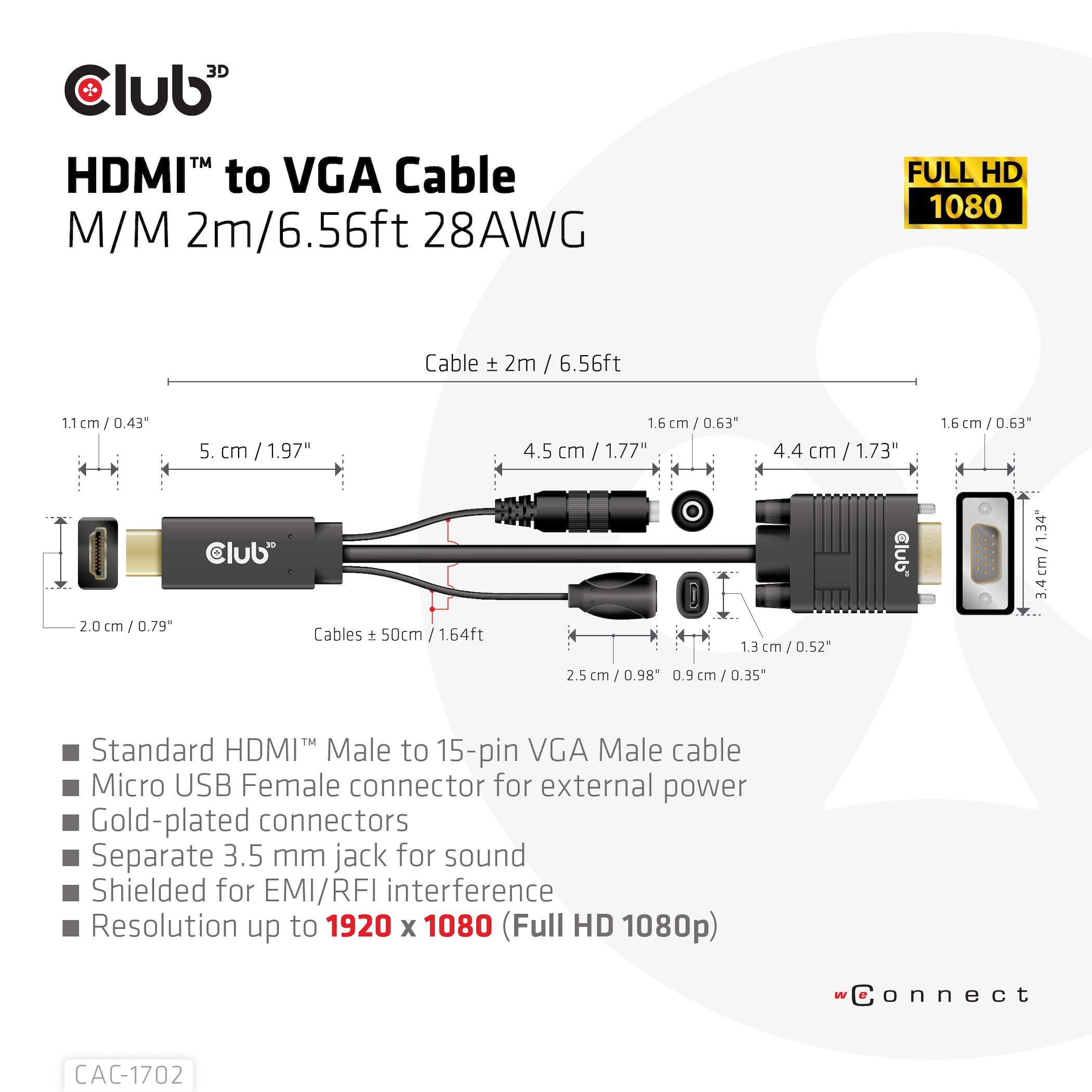 Cable Club3d Toma Hdmi+Micro Usb > Vga+3.5mm 2m Macho/Hembra Minorista