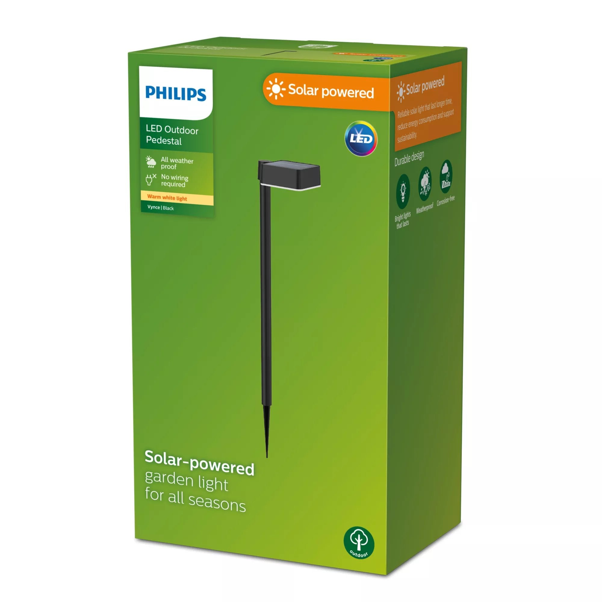 Pedestal Solar Cuadrado, Ip 44 1,5w, 200im 2700k, Luz Cálida, Medidas: 10,5x13,5x54cm. Philips