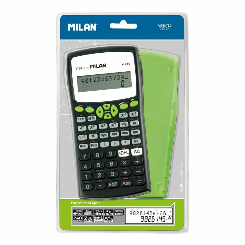 Milan M240 Calculadora Cientifica 10+2 Digitos - Pantalla De 2 Lineas - 240 Funciones Integradas Incluyendo 124 Cientificas - Carcasa Protectora Verde - Color Negro