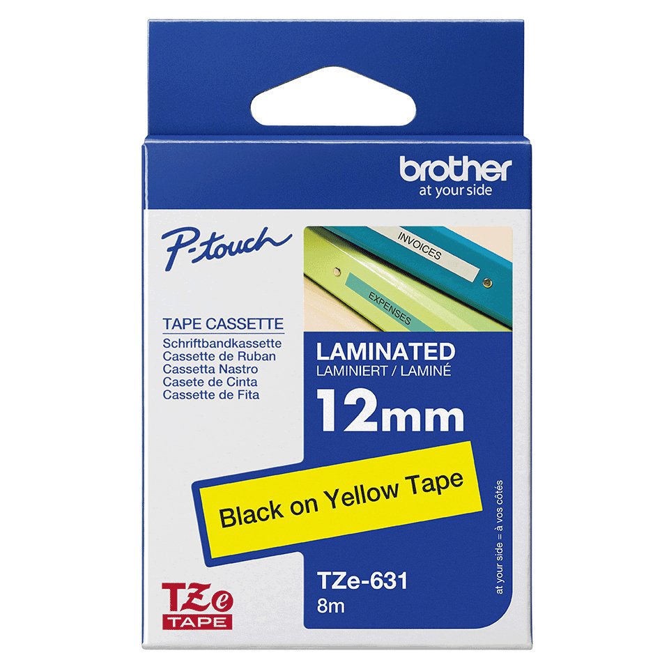 Brother Cinta Mecanográfico Negro Sobre Amarillo Tze-631 Tz-631 12 Mm X 8 M, Laminado