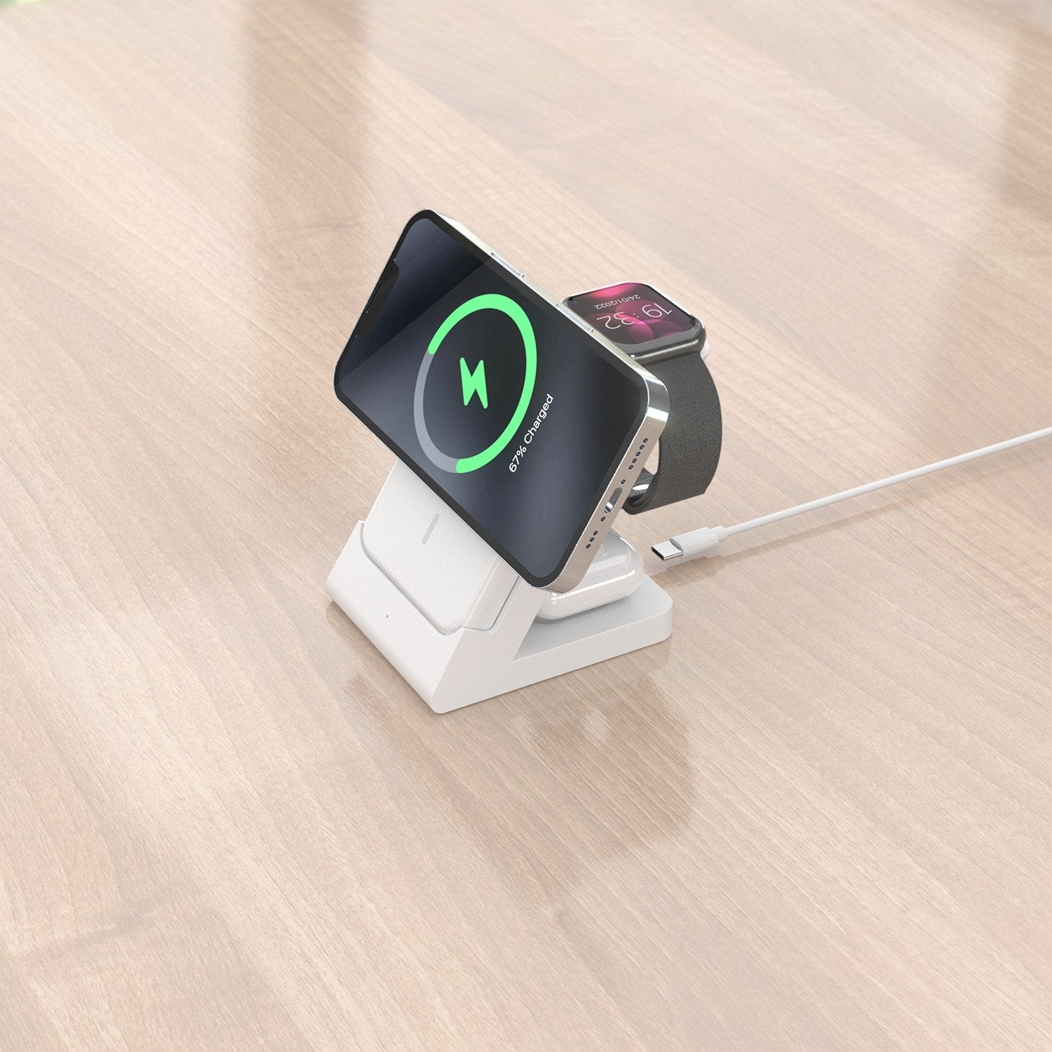 Aisens Cargador Inalambrico Usb-C 4 En 1 De 15w Para Movil, Apple Watch, Auriculares Con Estuche De Carga, Blanco