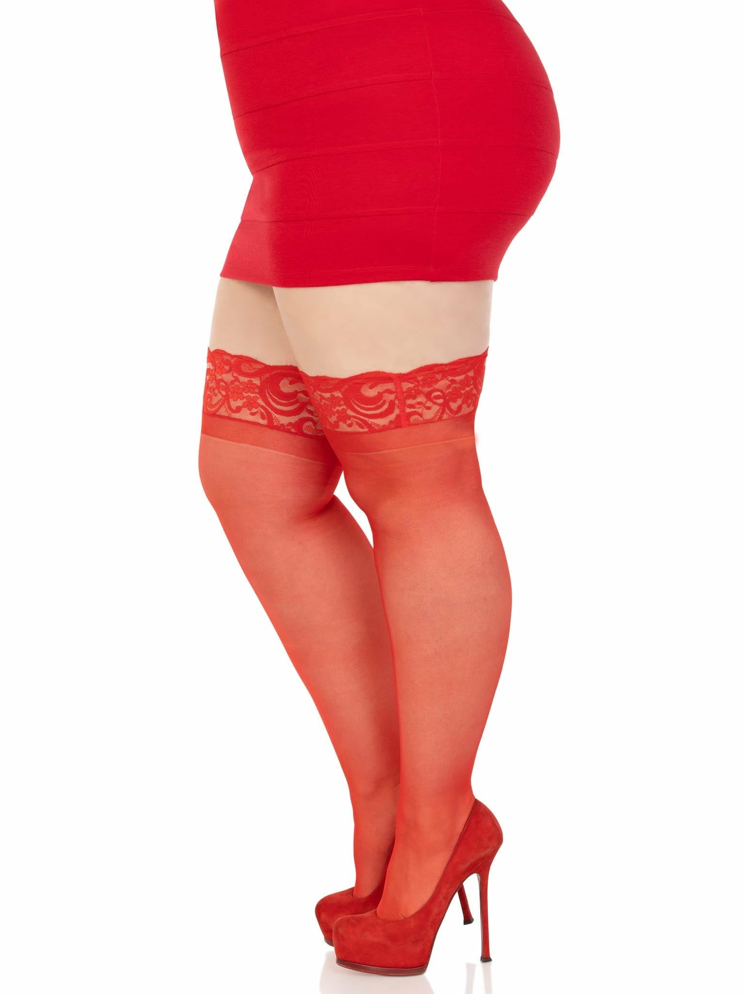 Leg Avenue Medias Rojas Con Encaje Autoadhesivas Talla Plus