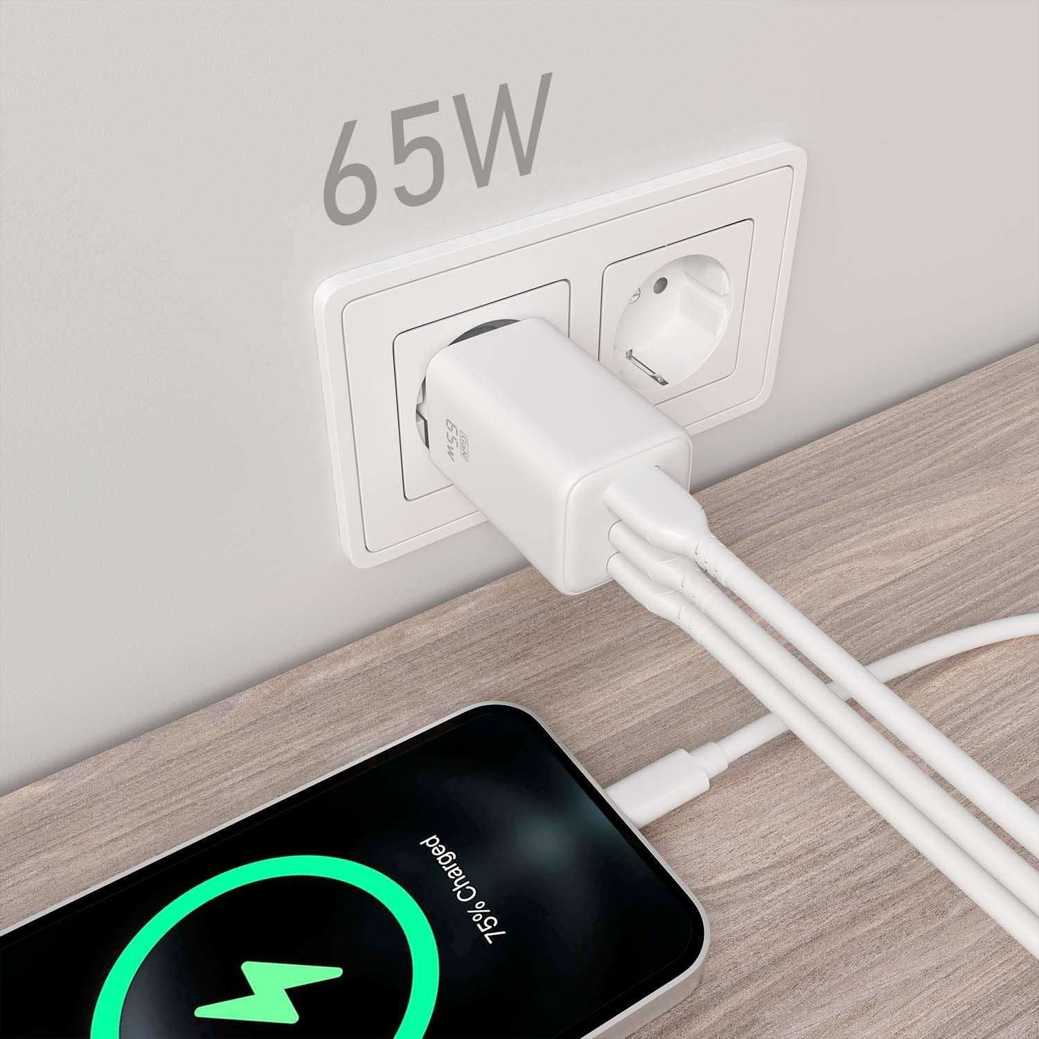 Aisens Cargador Gan 65w, 2xusb-C Pd3.0 Qc4.0, 1xusb-A Qc3.0, Blanco