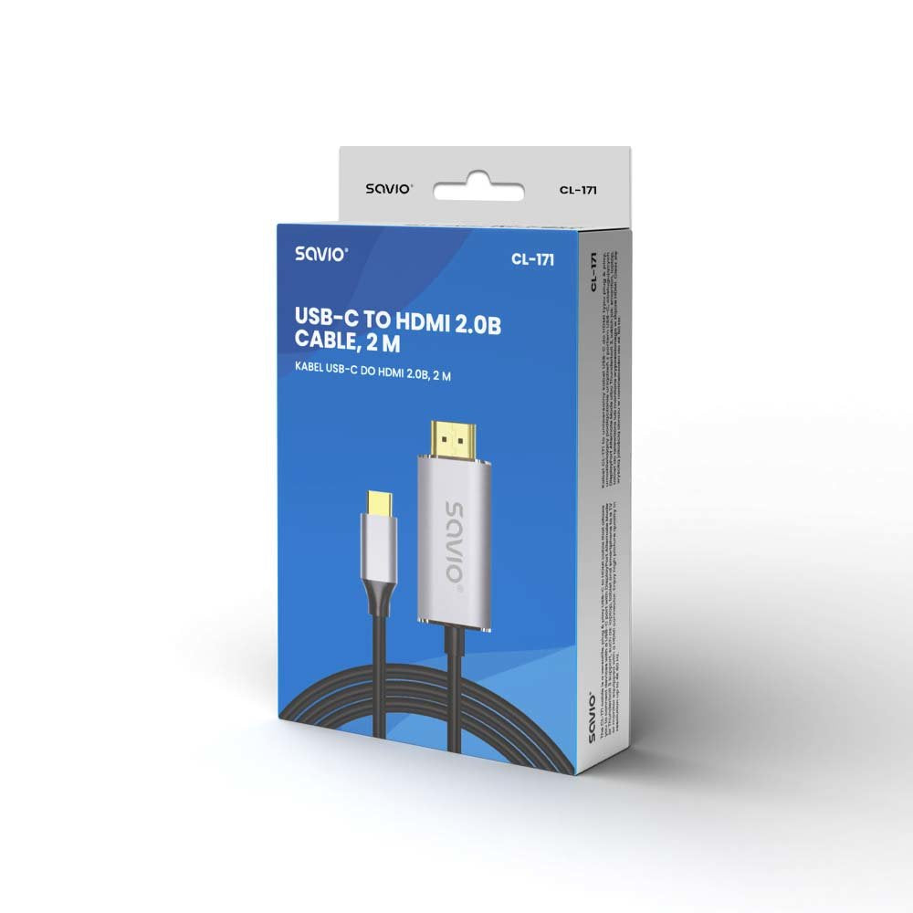 EAN 5901986047674 - Savio USB-C to HDMI 2.0B cable 2m silver / black gold tips CL-171 cable HDMI USB C HDMI tipo A (Estándar) imagen 3
