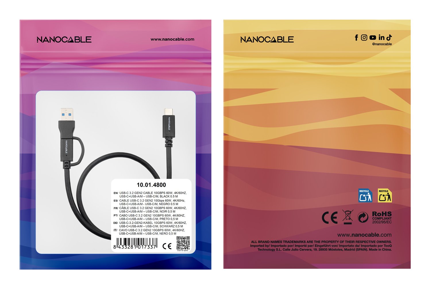 Cable Usb-C+Usb-A/M-Usb-C/M 3.2 Gen2 60w 4k 1 M