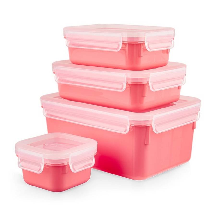 Emsa Clip & Close Juego De 4 Fiambreras (Coral/Transparente, Rectangular, 4 Fiambreras + 4 Tapas)