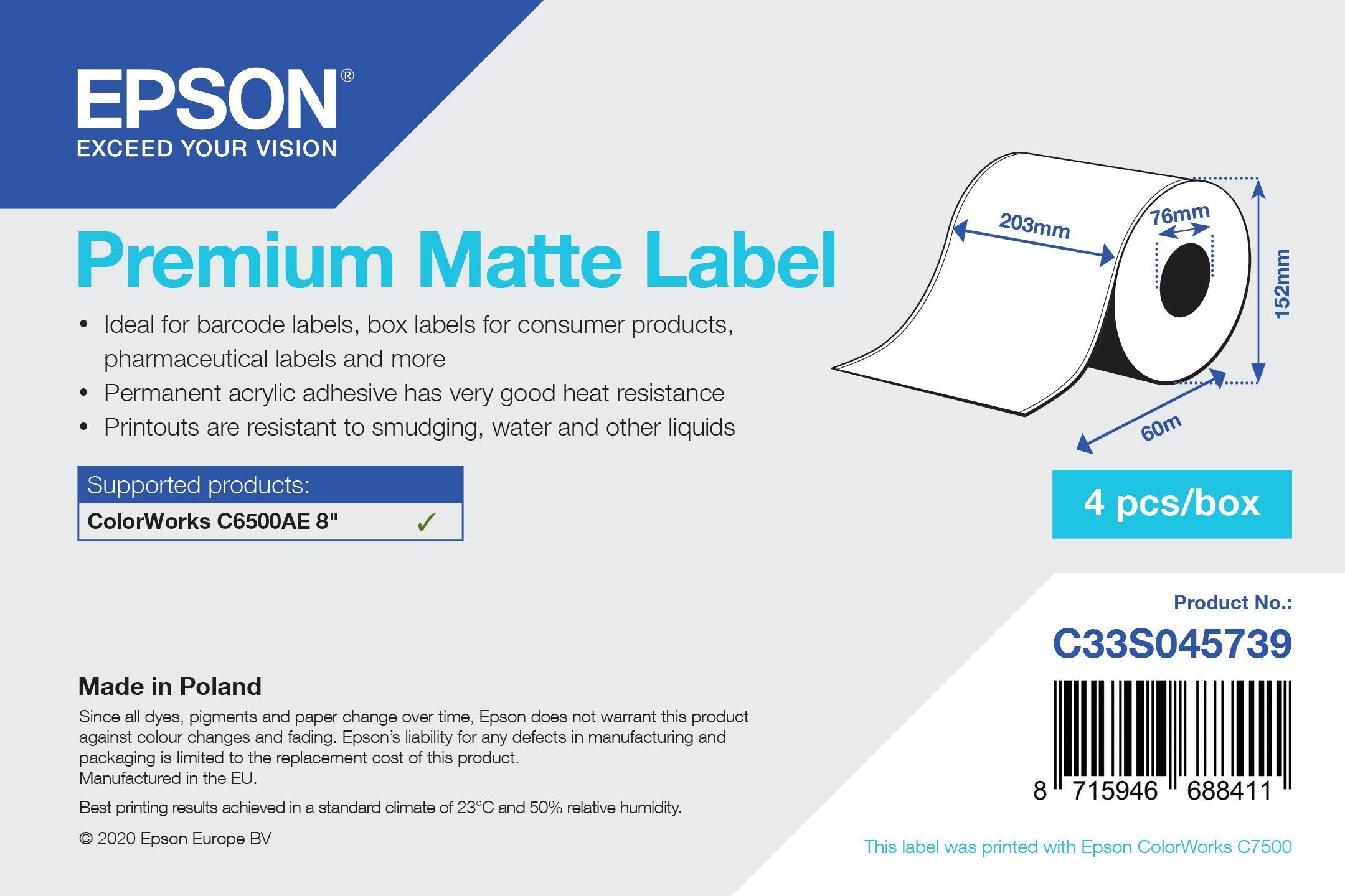 Premium Matte Label Continuous Supl Roll 203mmx60m