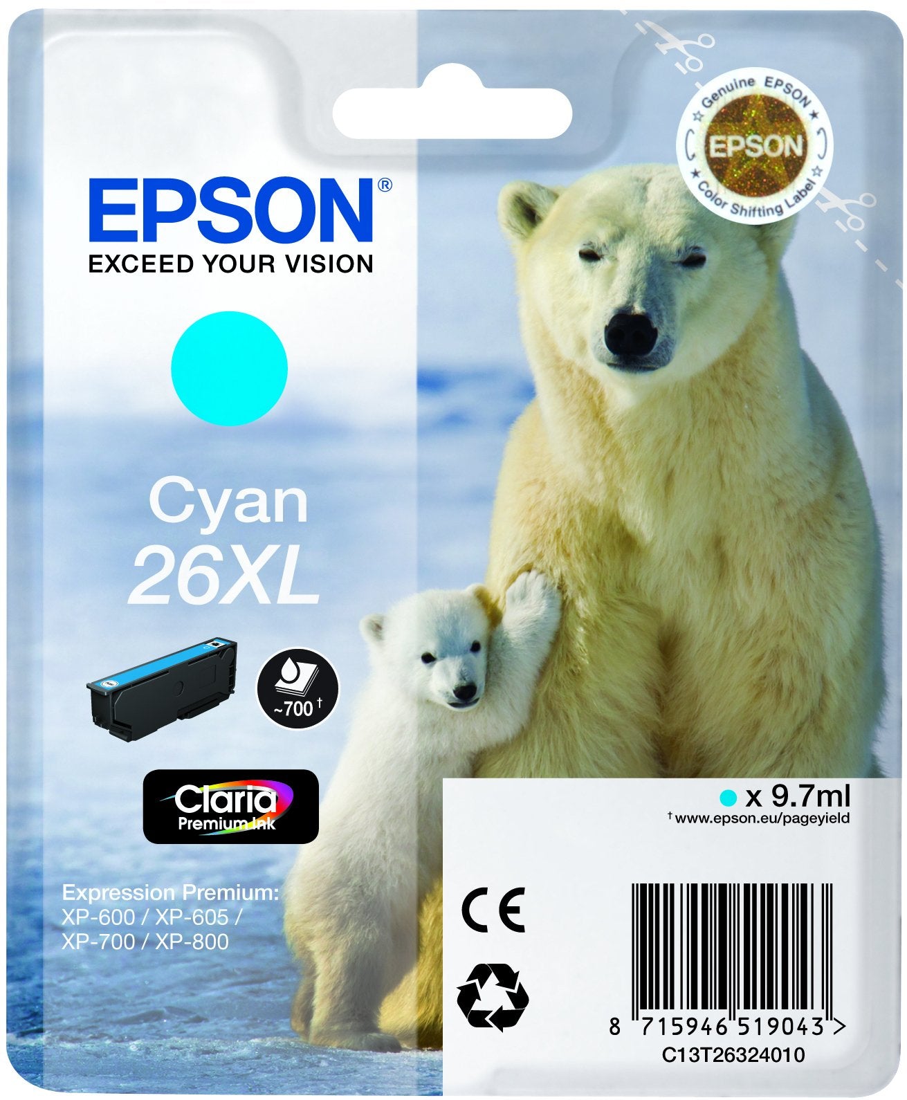Tinta Original Epson 26xl Cyan Para Expression Premium Xp-510, 520, 600, 605, 610, 615, 620, 625, 700, 710, 720, 800, 810, 820