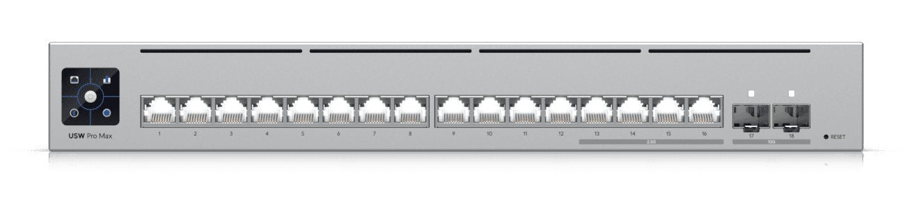 Ubiquiti Usw-Pro-Max-16 Switch Etherlighting Capa 3 Con 4x 2.5gbe, 12xgbe Y 2x Sfp+ 10gb. Montaje En Sobremesa, Pared Y Rack (Requiere Accesorio De Montaje). Sistema De RefrigeraciÓ N Silencioso Y Sin