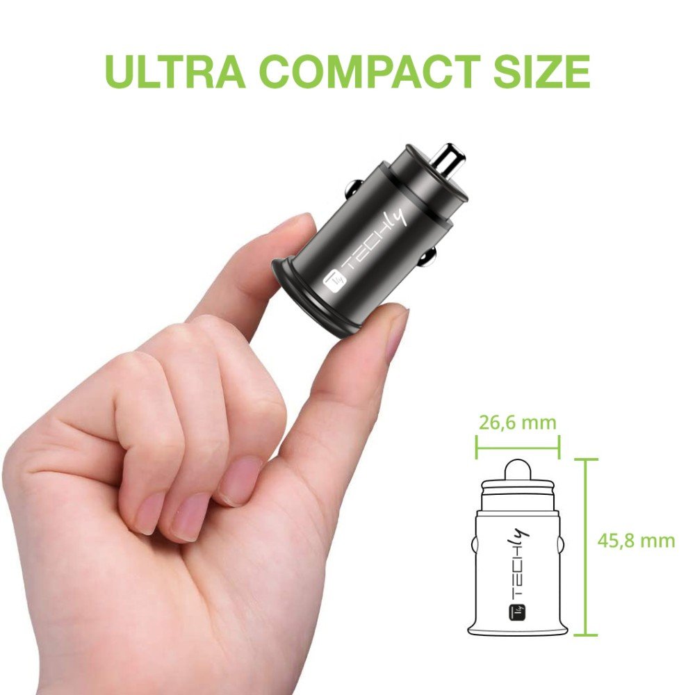 Techly Mini Car Charger Usb-A And Usb-C Fast Charge 3.0 38w Negro Metal