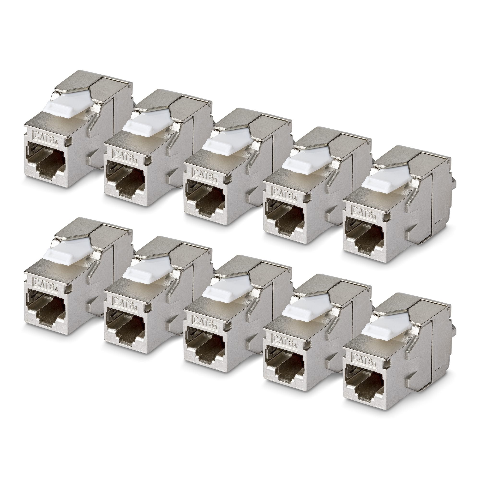 Startech.Com Geschirmtes Cat6a Keystone Jack Módulo, Pack De 10 Rj45 Ethernet Conector Hembra, Stp Cat6a Wandbuchse, 180 Grad, Sin Herramientas, Plano, Plateado, Rj-45, Conector Hembra, Conector Hembra, 10gbase-T