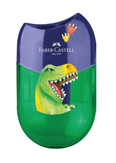 Faber-Castell Dinosaurio Sacapuntas De 2 Orificios Con Deposito - Diseño Atractivo De Dinosaurio - Verde/Azul