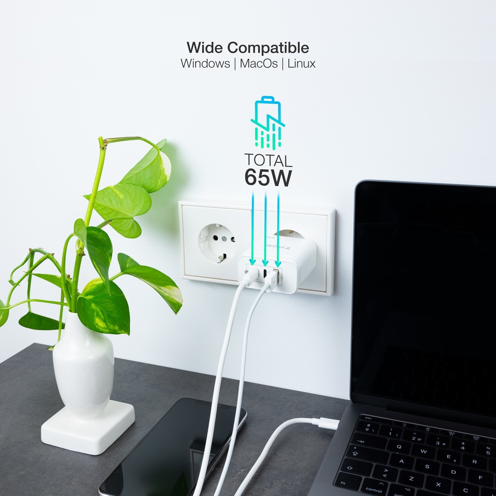 Tooq Cargador De Pared Gan 2 Usb-C/Pd + Usb-A/Qc 65w - Blanco