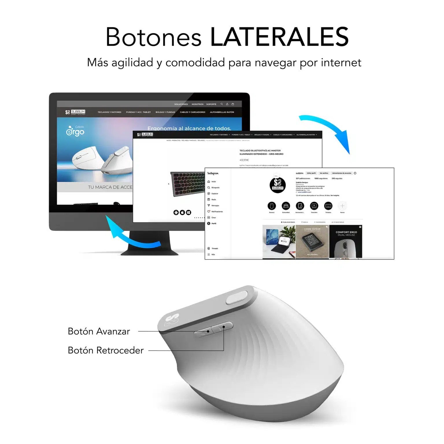 Raton Optico Dual Nature Vertical Ergo Dual Bateria Blanco Subblim Hasta 4000dpi/ Conexión Dual/ Rf, Bluetooth/ Batería Recargable