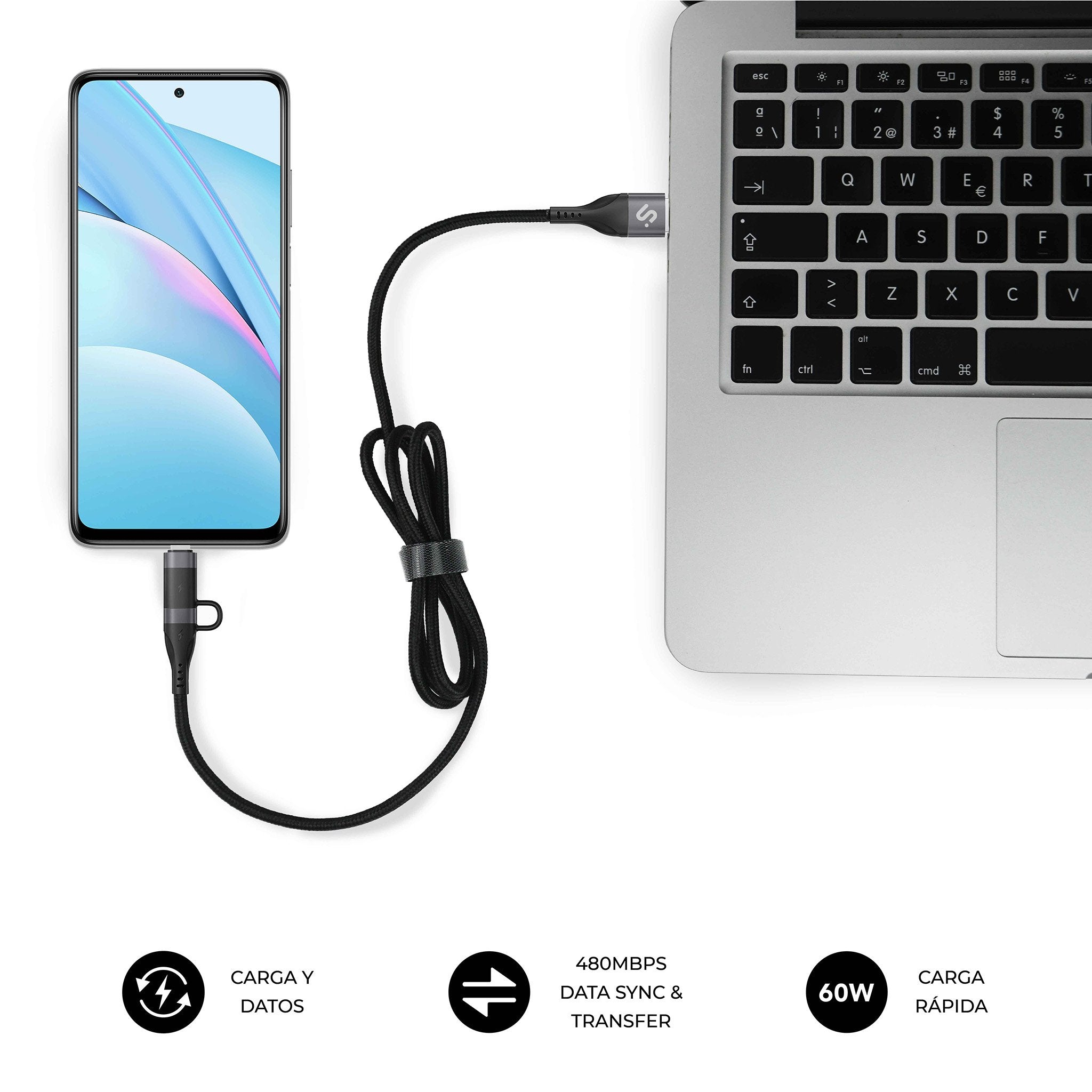Cable Top 4 En 1 60w Usb-A/2xusb-C/Lightning 1 M Negro Subblim 60w/ Longitud: 1m/ Cable 4 En 1 (Usb-A/C-C/Lightning/ Pd 3.0