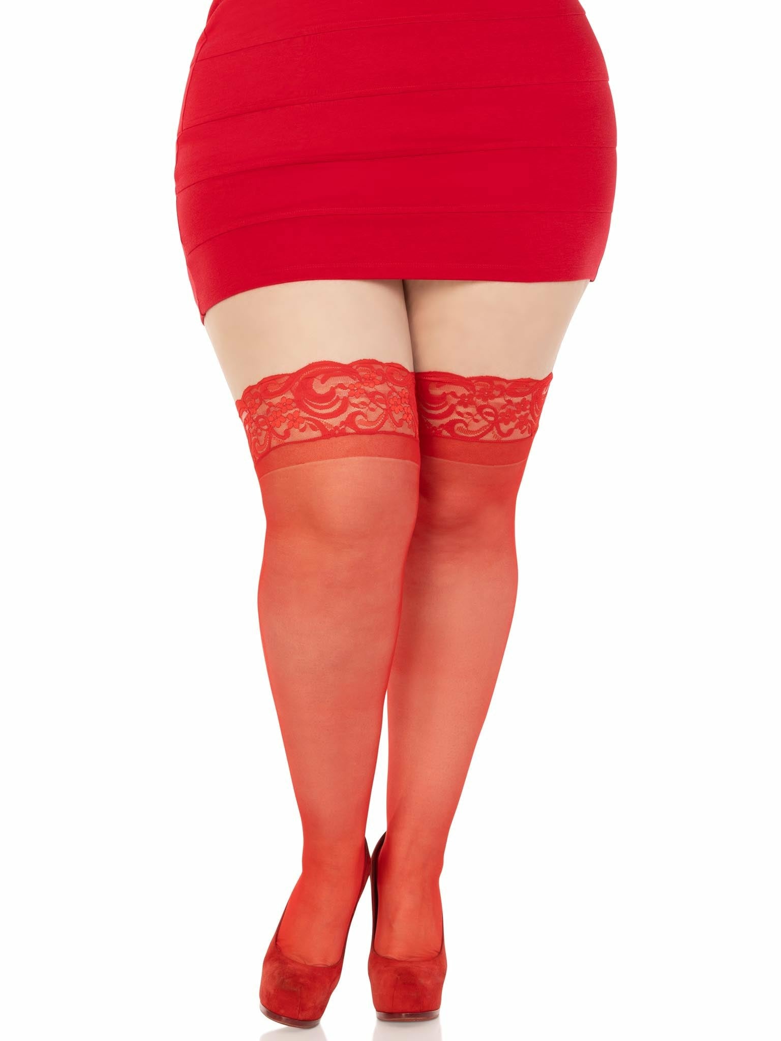 Leg Avenue Medias Rojas Con Encaje Autoadhesivas Talla Plus