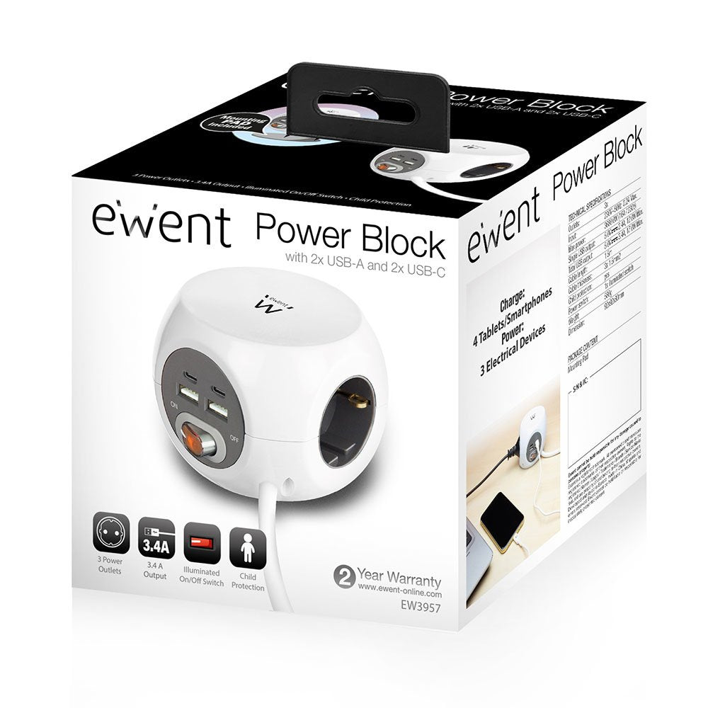 EAN 8056045877116 - Ewent EW3957 base múltiple 1,5 m 3 salidas AC Interior Blanco imagen 2