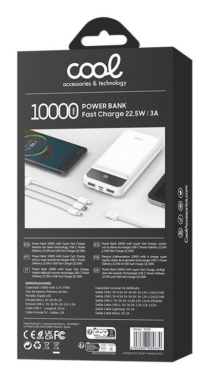 Cool Batera Externa Power Bank 10.000 Mah Carga Rpida 22.5w (3 Cable