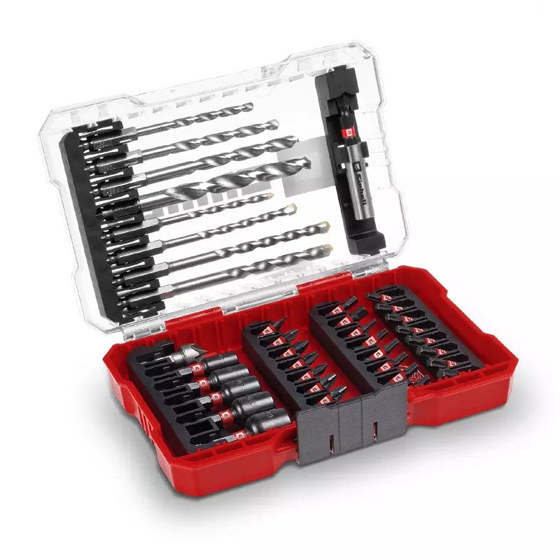 Einhell M-Case Original De 39 Piezas (Brocas De 25 Mm, Taladro Para Metal, Taladro Universal, Portabrocas De 60 Mm, Llave De Vaso, Avellanador Con Caja De Almacenamiento