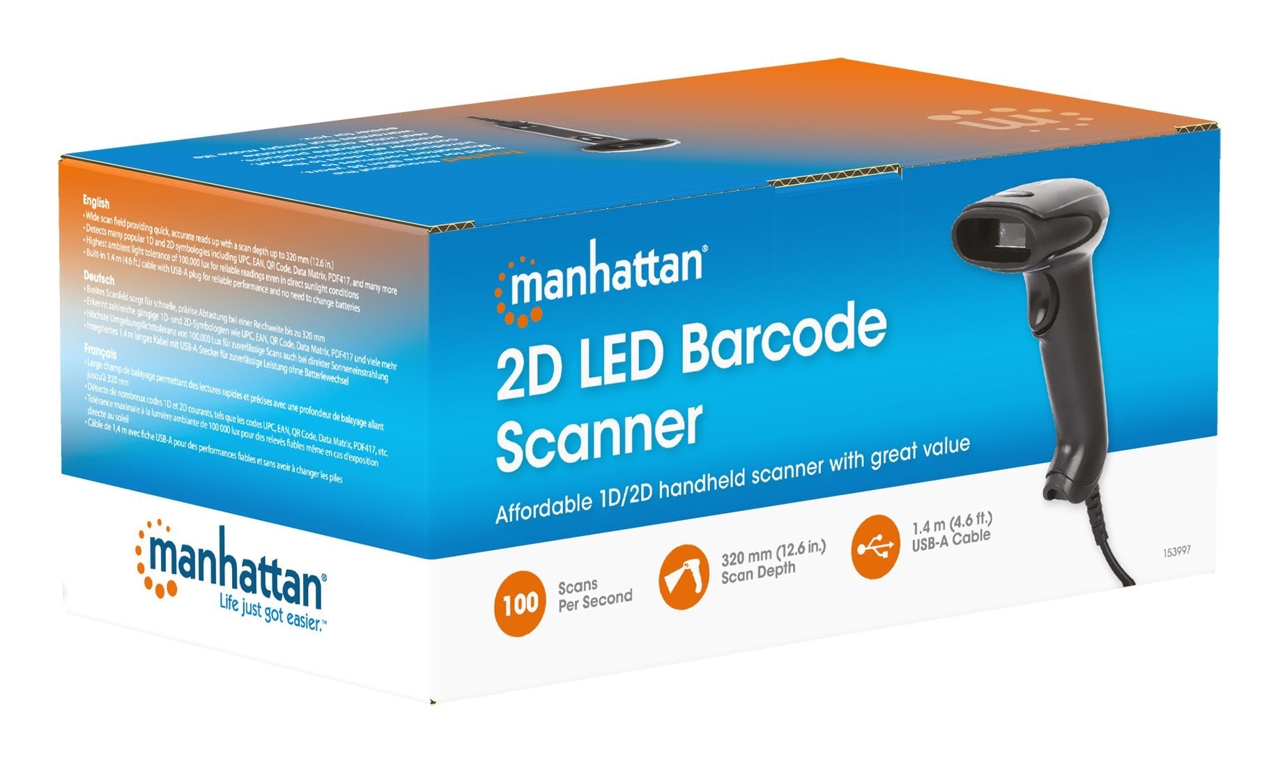 Manhattan 153997 Lector De Códigos De Barras Portátil 1d/2d Led Negro