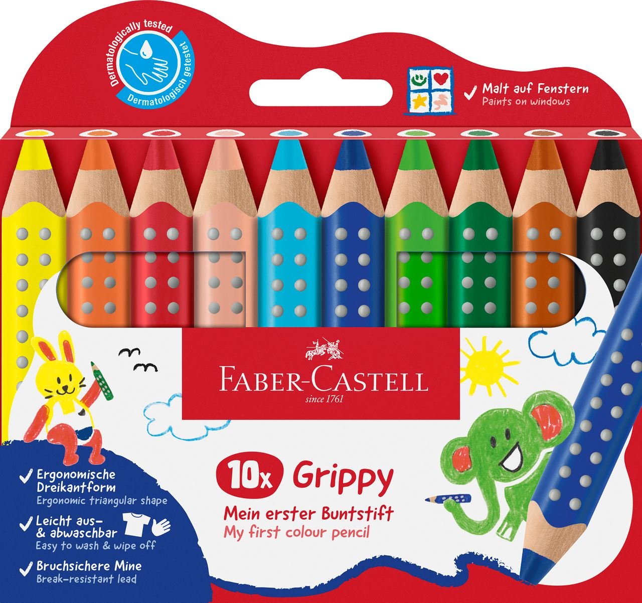 Faber-Castell Grippy Pack Con 10 Lapices De Colores Gruesos Mina Xxl Suave - Forma Triangular Con Grip - Colores