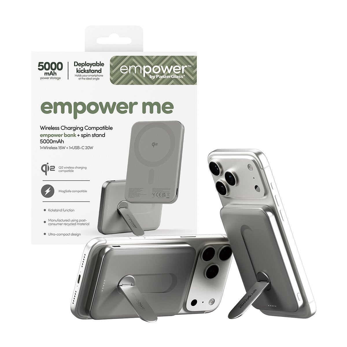 EAN 5715685028403 - PanzerGlass empower™ by ® empower™ Bank w. Spin Stand | 5000mAh | Titanium Cargador inalámbrico Titanio imagen 6