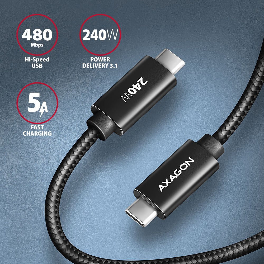 EAN 8595247907424 - Axagon BUCM2-CM25AB Ladekabel USB-C zu USB-C 2.0, 2,5 m, PD 240 W 5 A, ALU - Schwarz - 2,5 Meter langes U imagen 2