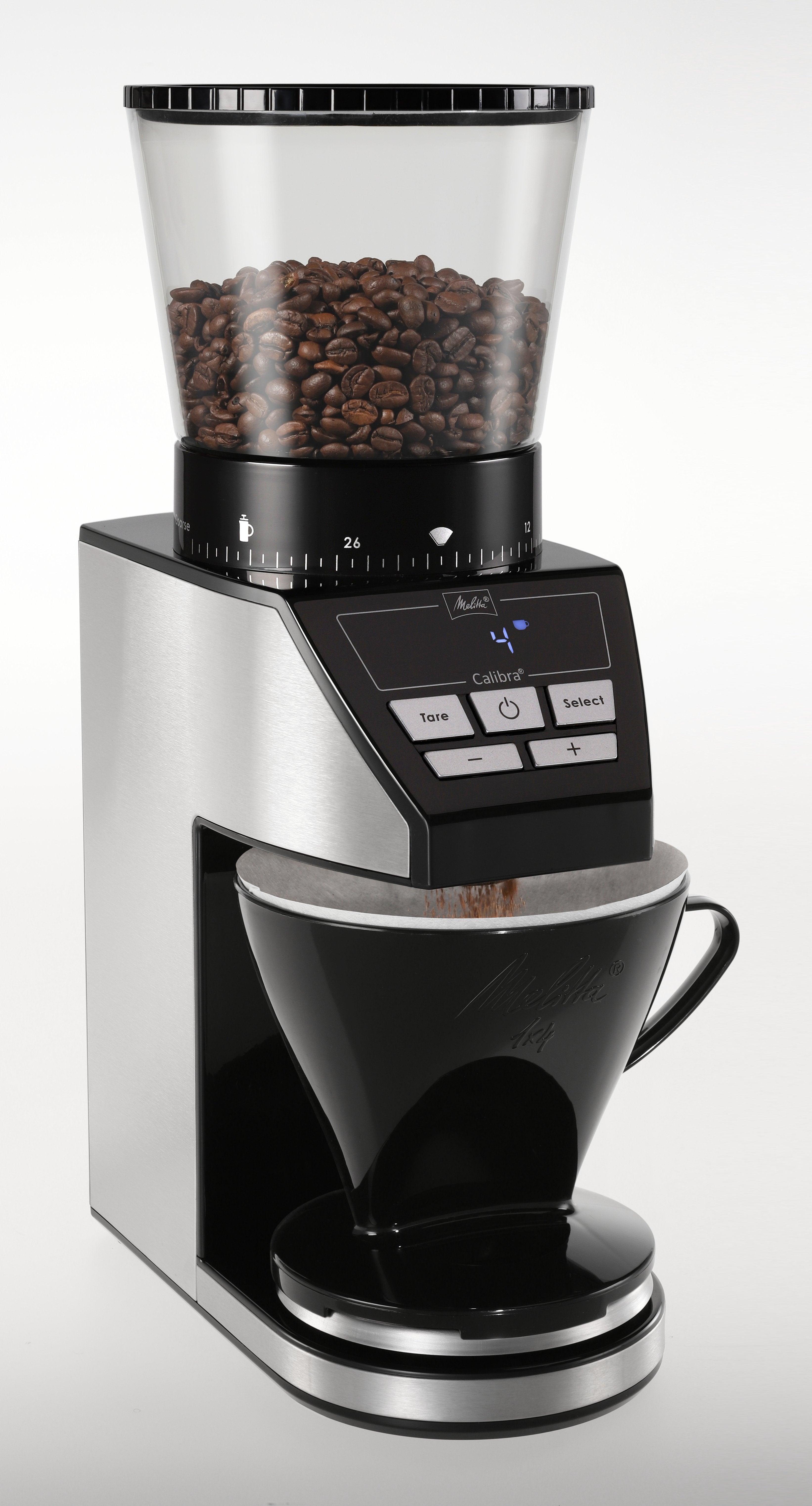 Molinillo De Café Melitta Calibra 1027-01 Eléctrico Cónico Con 39 Ajustes De Molienda, Apto Para Distintas Cafeteras, Moledor De Café Con Báscula Digital Y Pantalla Lcd, 200?G, Negro