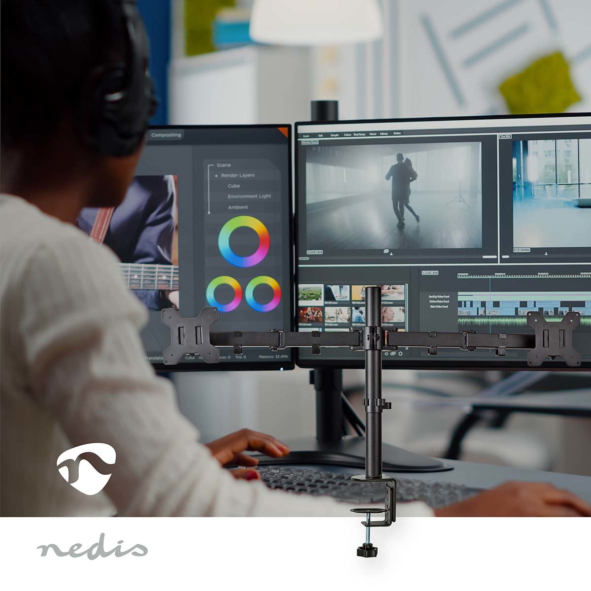 Nedis Schreibtisch Monitorhalterung - 2 Bildschirme 15 - 32 " 75x75 100x100 Vollbeweglich
