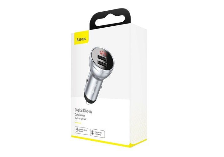 Baseus Car Charger Digital Display Dual Usb 4.8a 24w Silver (Ccbx-0s)