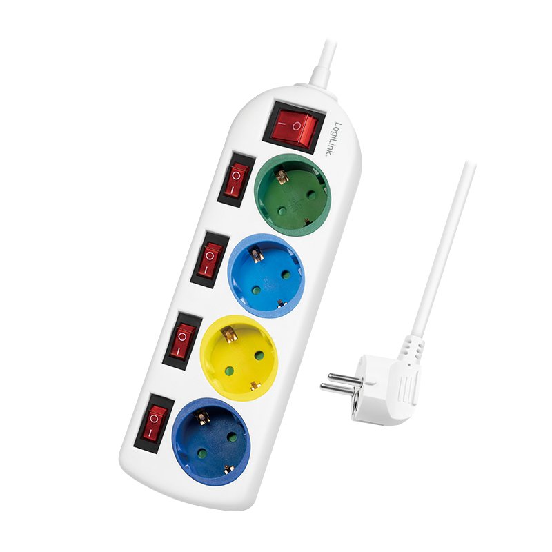 Logilink Regleta De Enchufes De 4 Tomas 4xcee 7/3, W. 5 Interruptores, Coloridos