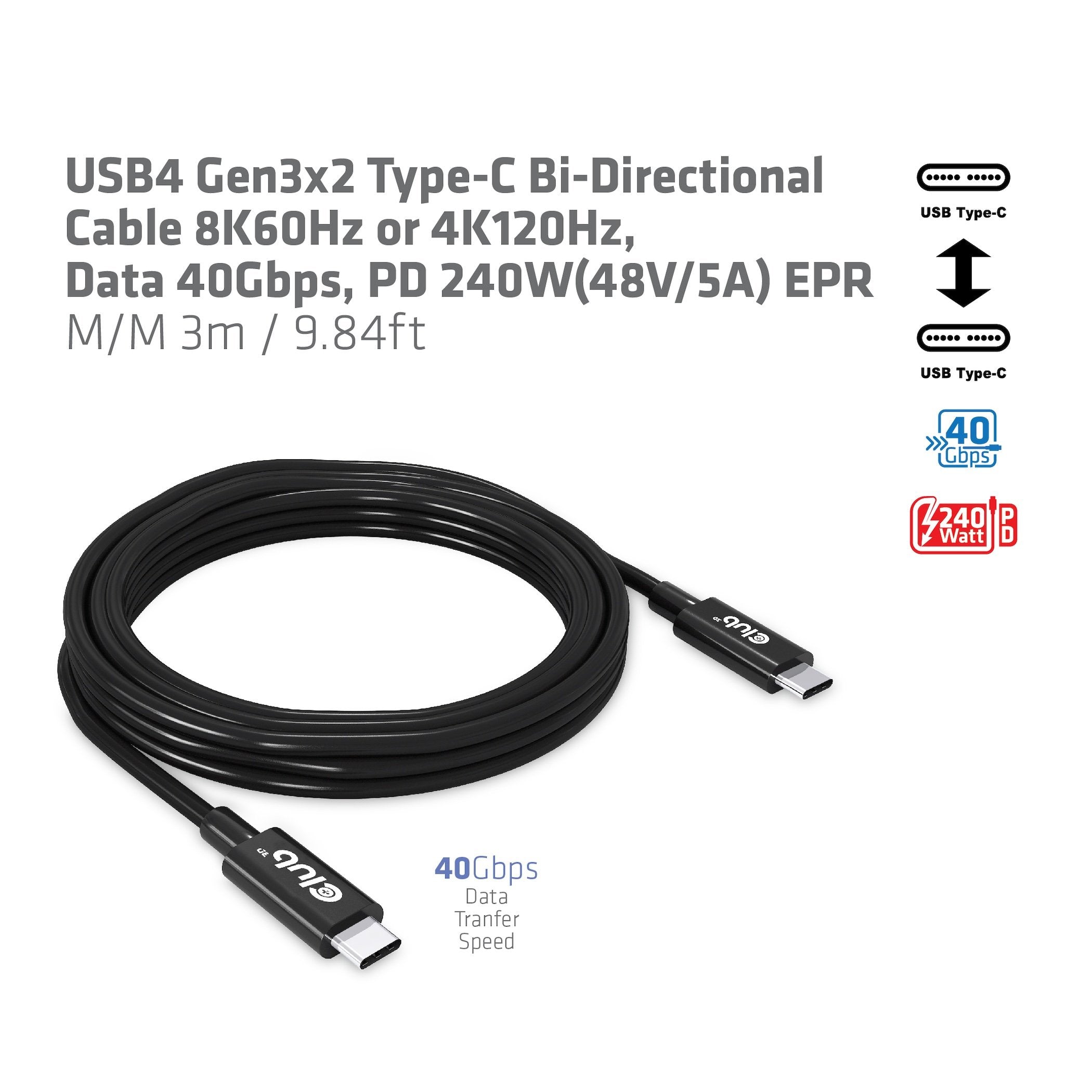 Club3d Cable Usb 4 Typ C Pd 240w 8k 40gbps 3m M M Retail