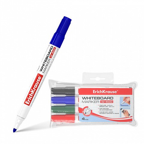 Erichkrause Pack De 4 Marcadores Pizarra W-500 - Punta En Forma De Bala Resistente Al Daño - Ancho De Escritura De 08 A 25 Mm - Tintas A Base De Alcohol - Color Negro, Azul, Rojo, Verde - No Toxico - Sin Xileno - Almacenamiento Horizontal