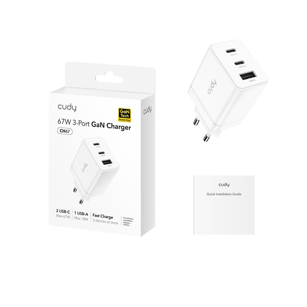 Cudy 3-Port 67w Usb-C Charger With Eu Plug
