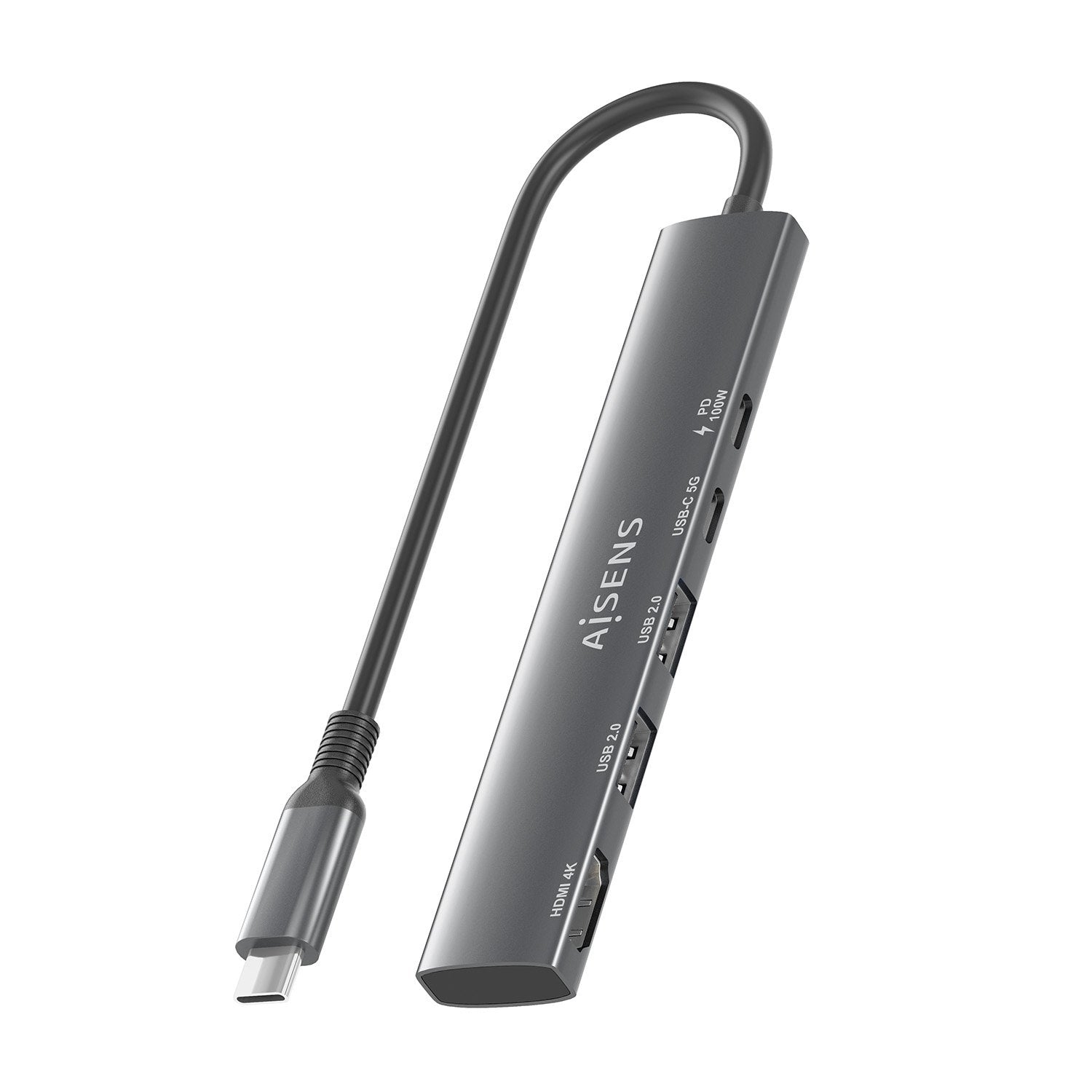 Aisens Usb-C Dock 5 En 1, Usb-C A 1xhdmi 2xusb-A 1xusb-C 1xusb-C Pd, Gris, 15cm