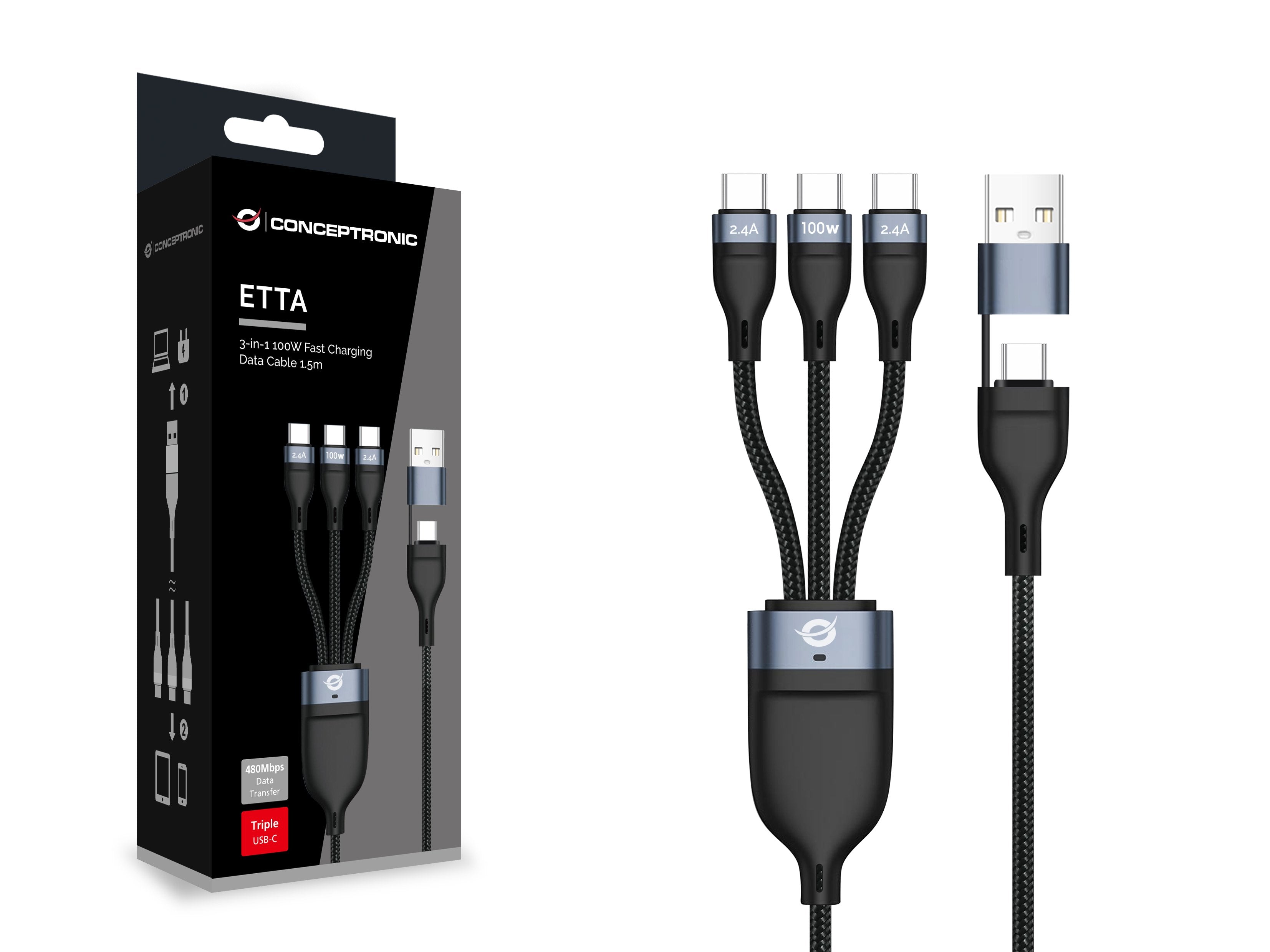 EAN 4015867242407 - Conceptronic ETTA06B15C cable USB USB 2.0 1,5 m USB A/USB C 3 x USB C Negro imagen 3
