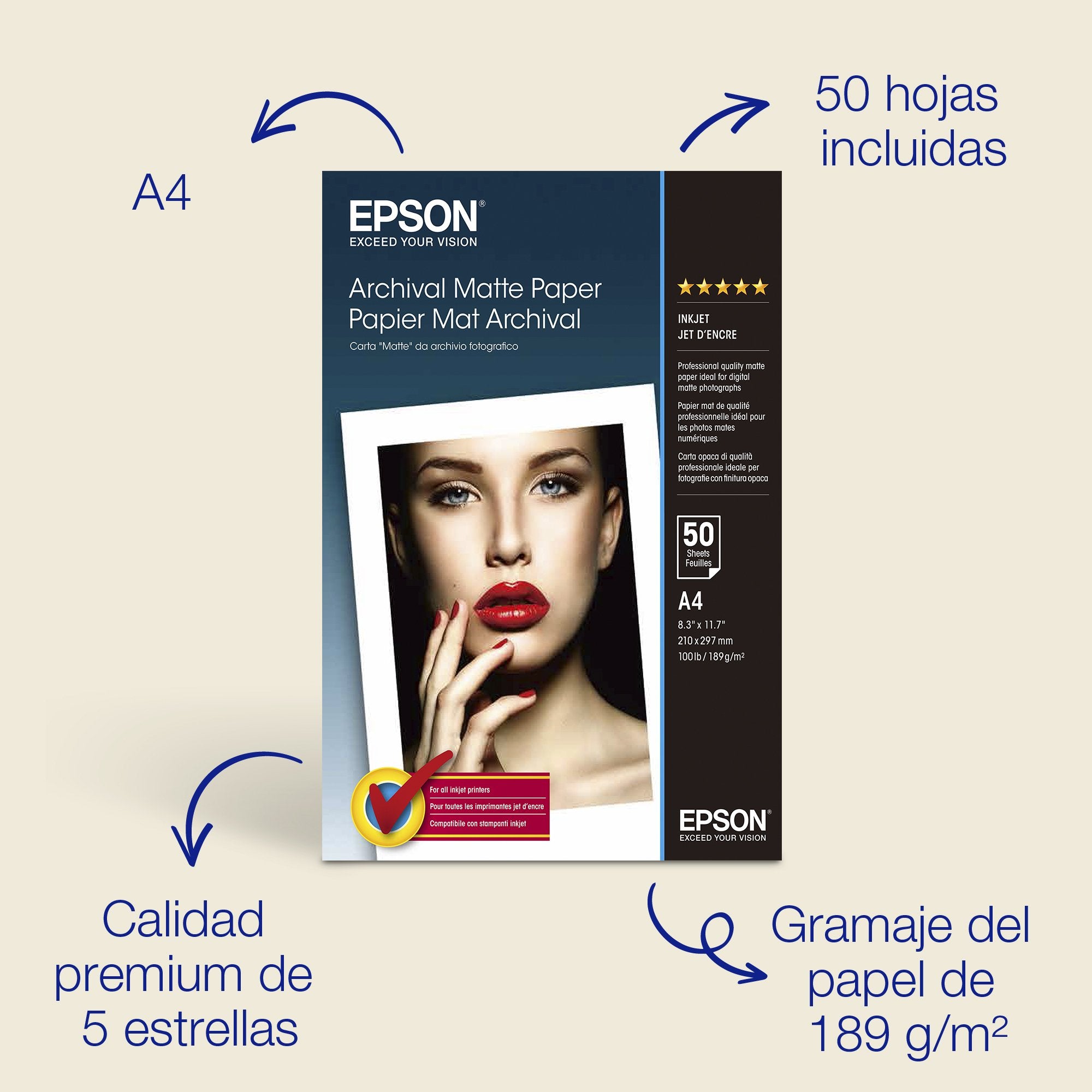 EAN 0010343830073 - Epson Archival, DIN A4, 192 g/m² Blanco imagen 2