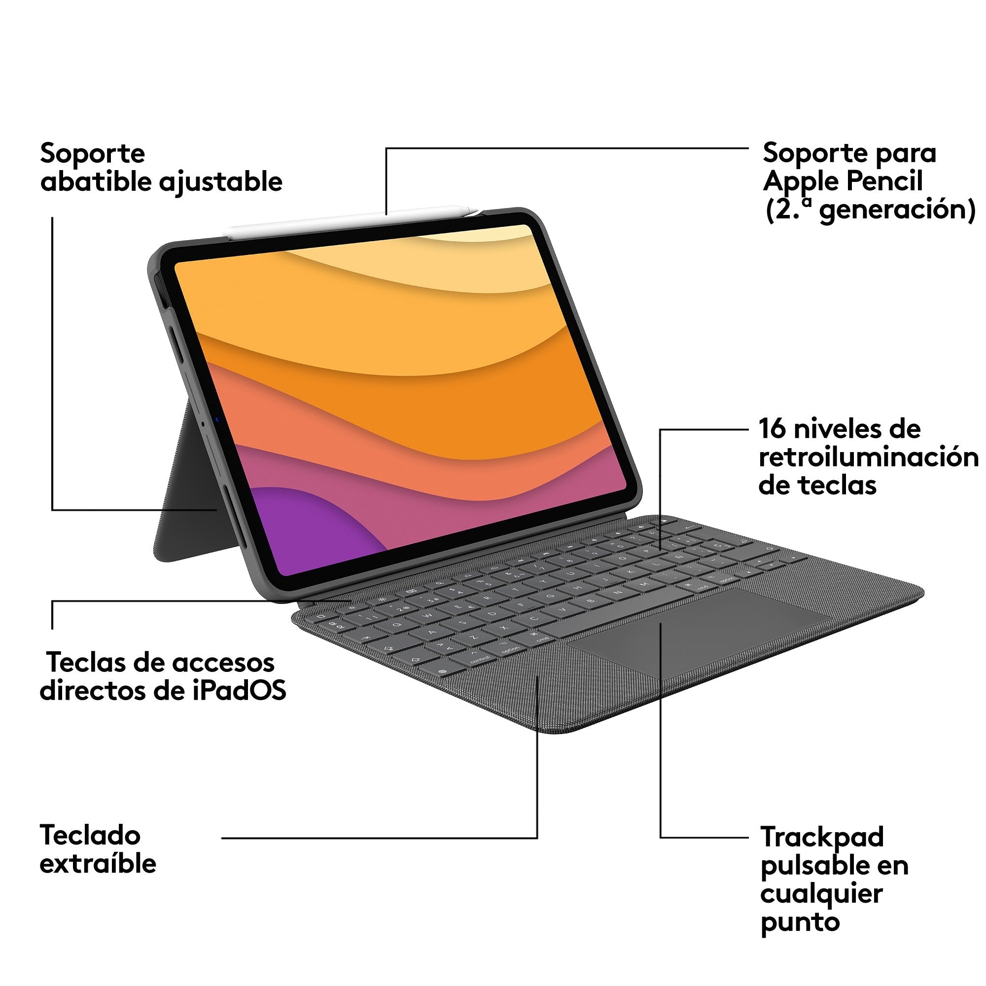 Funda Con Teclado Esp Logitech Combo Touch Para Tablets Apple Ipad Air 4 Gen 2020 De 10.9'/ Gris