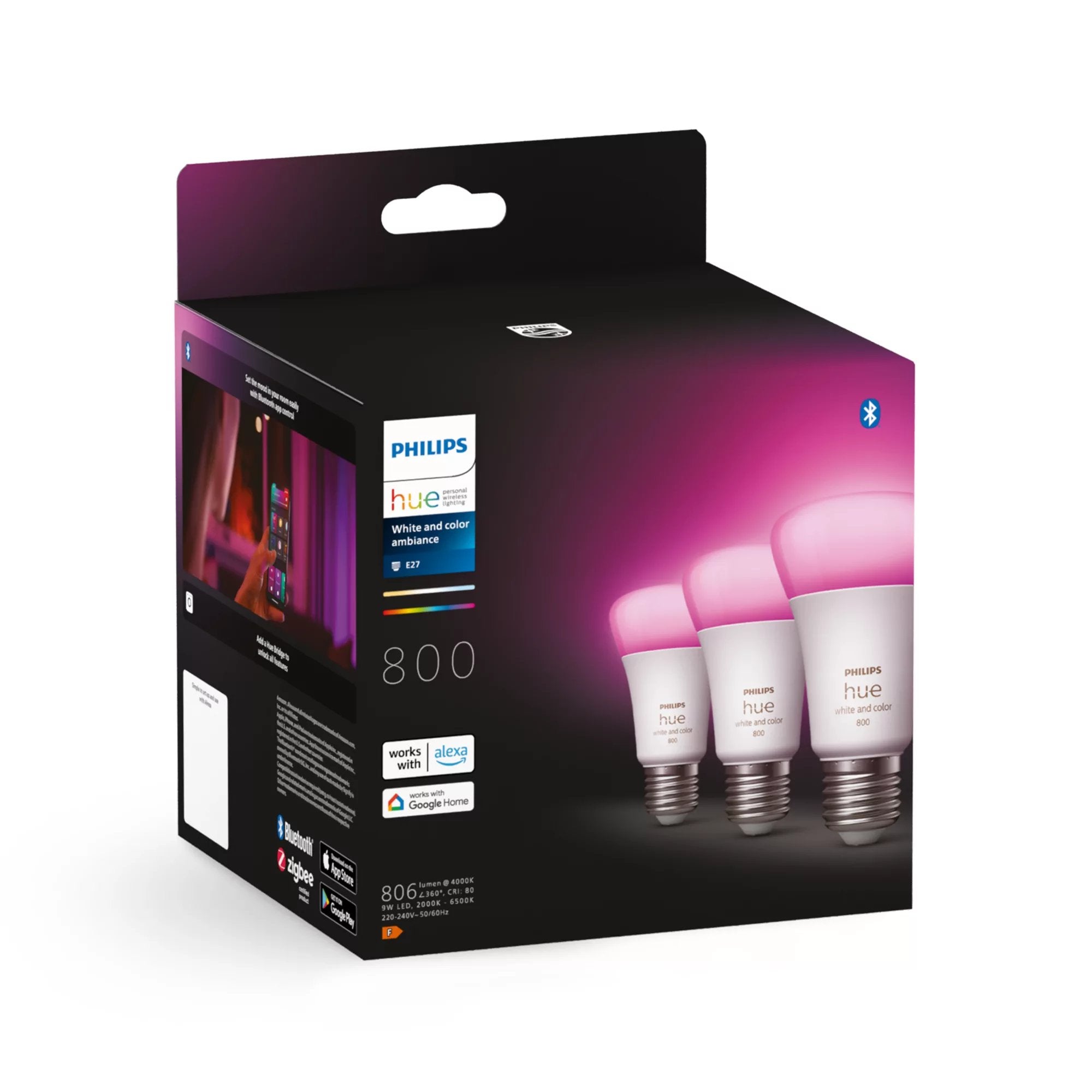 Philips Hue White And Color Ambiance Bombilla Led Forma: A60 E27 9 W (Equivalente 60 W) Clase F 16 Millones De Colores/Luz Blanca Cálida A Blanca Fría 2000-6500 K (Paquete De 3)