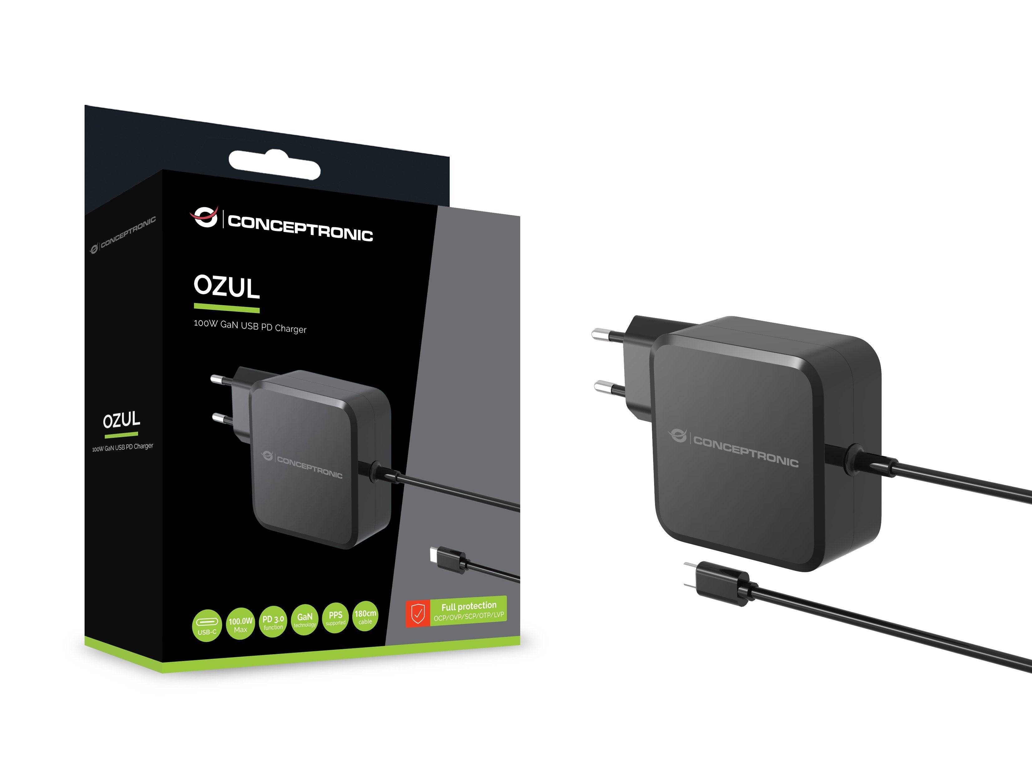 Cargador De Pared Conceptronic Ozul05be 100w Gan Pd Cable Usb-C Incorporado