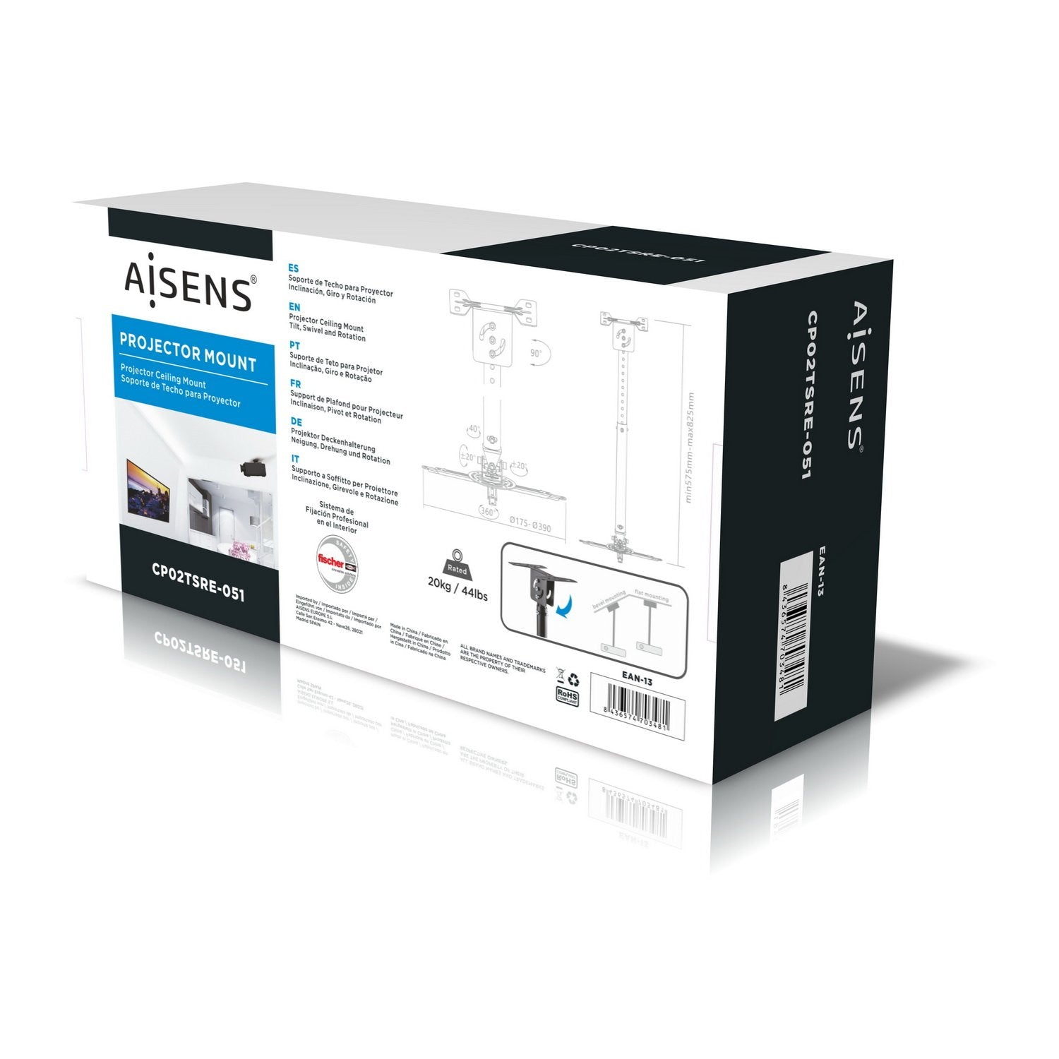 Aisens Soporte De Techo Universal Profesional Giratorio - Inclinable Y Extensible Para Proyector - Negro