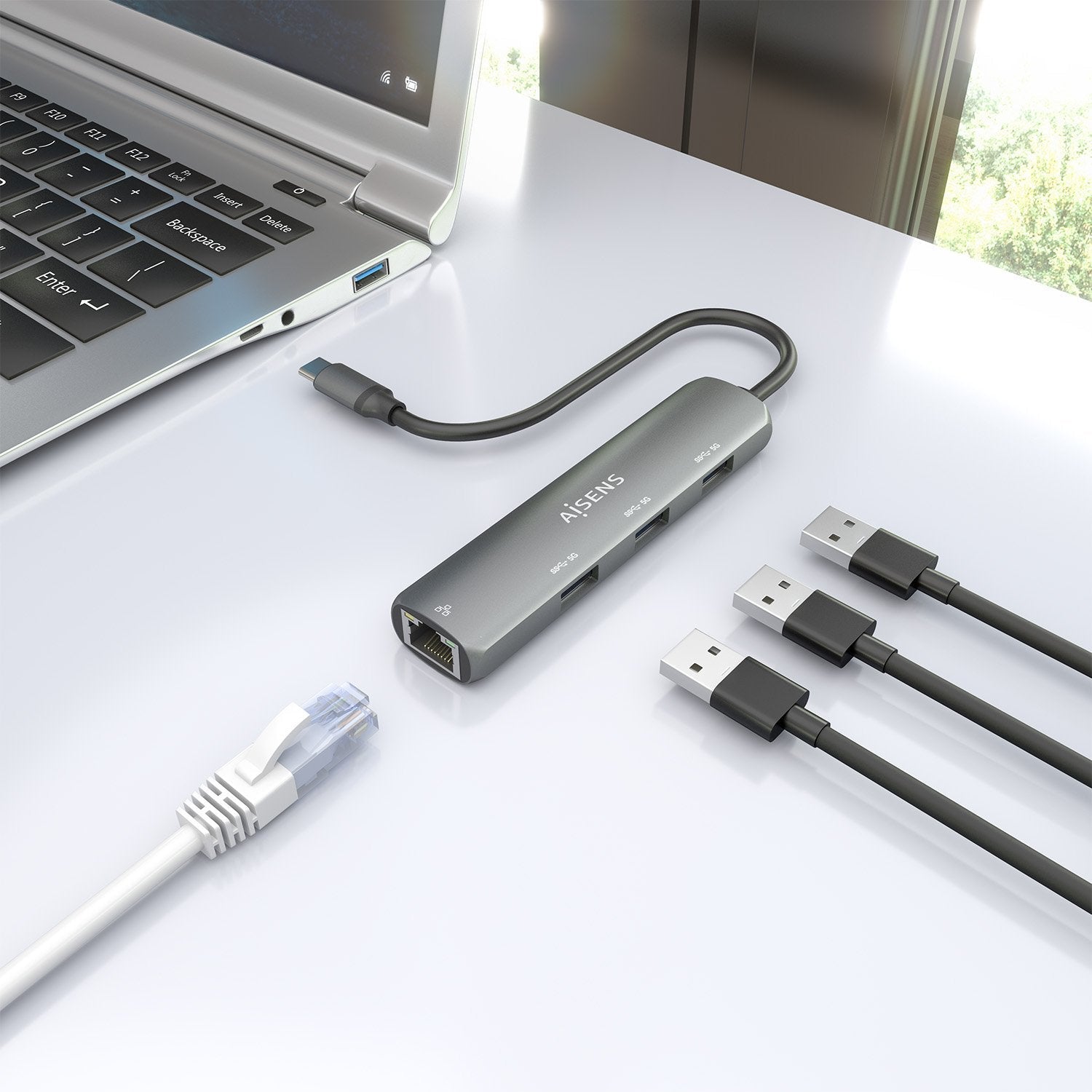 Aisens Dock Usb-C A Ethernet Gigabit + Hub 3xusb-A, Gris, 15cm