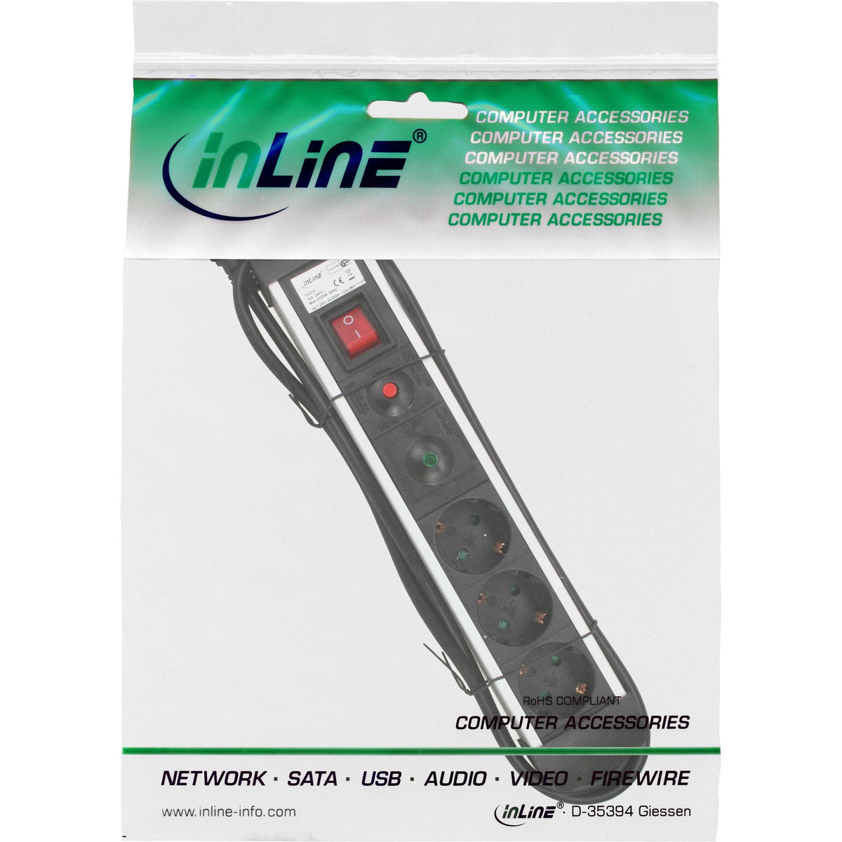 Inline Regleta 3 Tomas Con Protección 3x Tipo F Alemáncon Interruptor Plata 1.5m