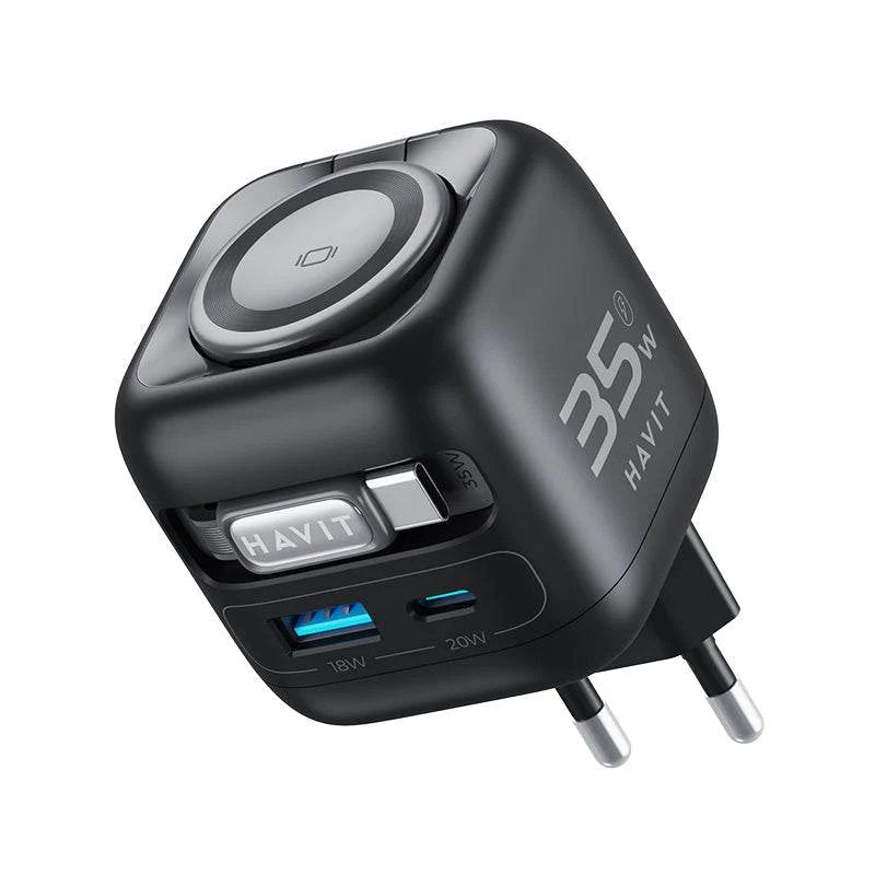 Havit Uc250 A-Eu - Cargador De Viaje Gan Con Cable Extensible (Negro)