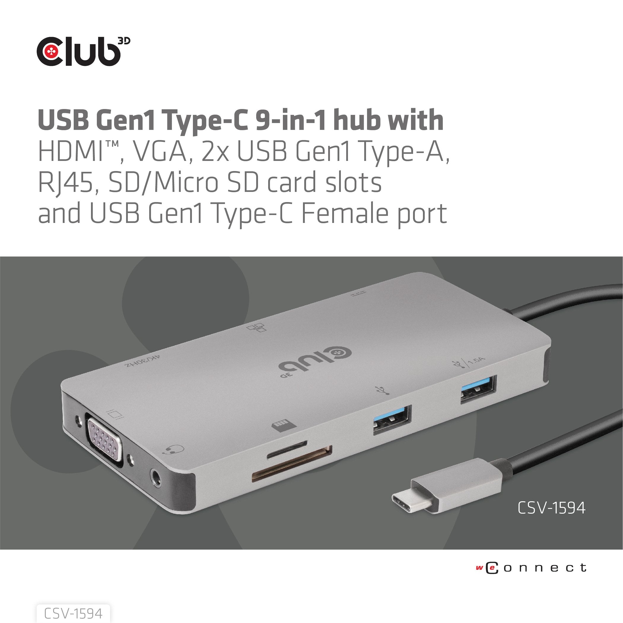Club3d Usb-9-In1-Hub Usb-C > Hdmi/Vga/2xusb/Usb-C/Rj45/Sd Retail