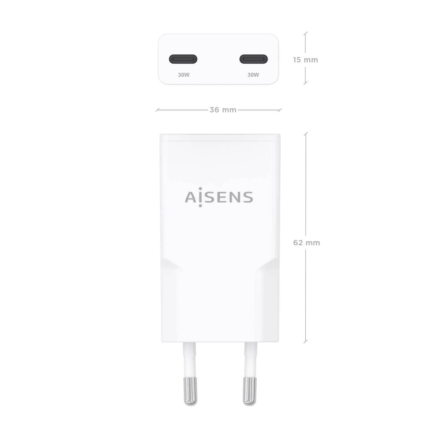 Aisens Cargador Gan Ultra Delgado 30w, 2xusb-C Pd3.0 Qc4.0, Blanco