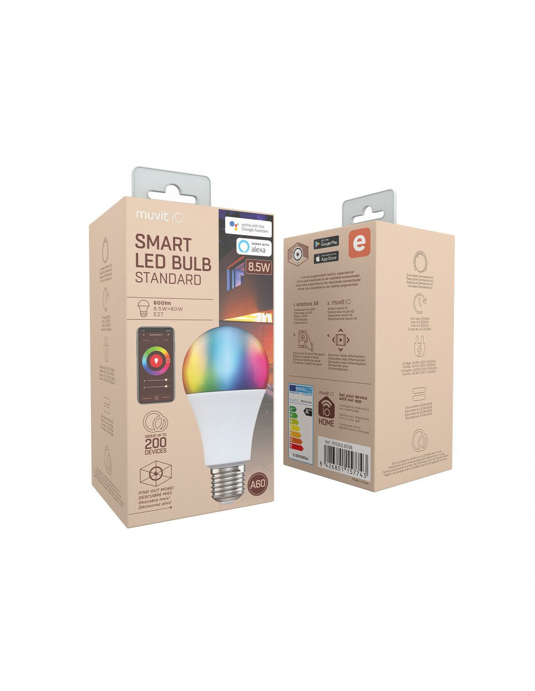 Muvit Io Bombilla Inteligente A60 E27/8,5w/800lm Rgb+Blancosd60*H110