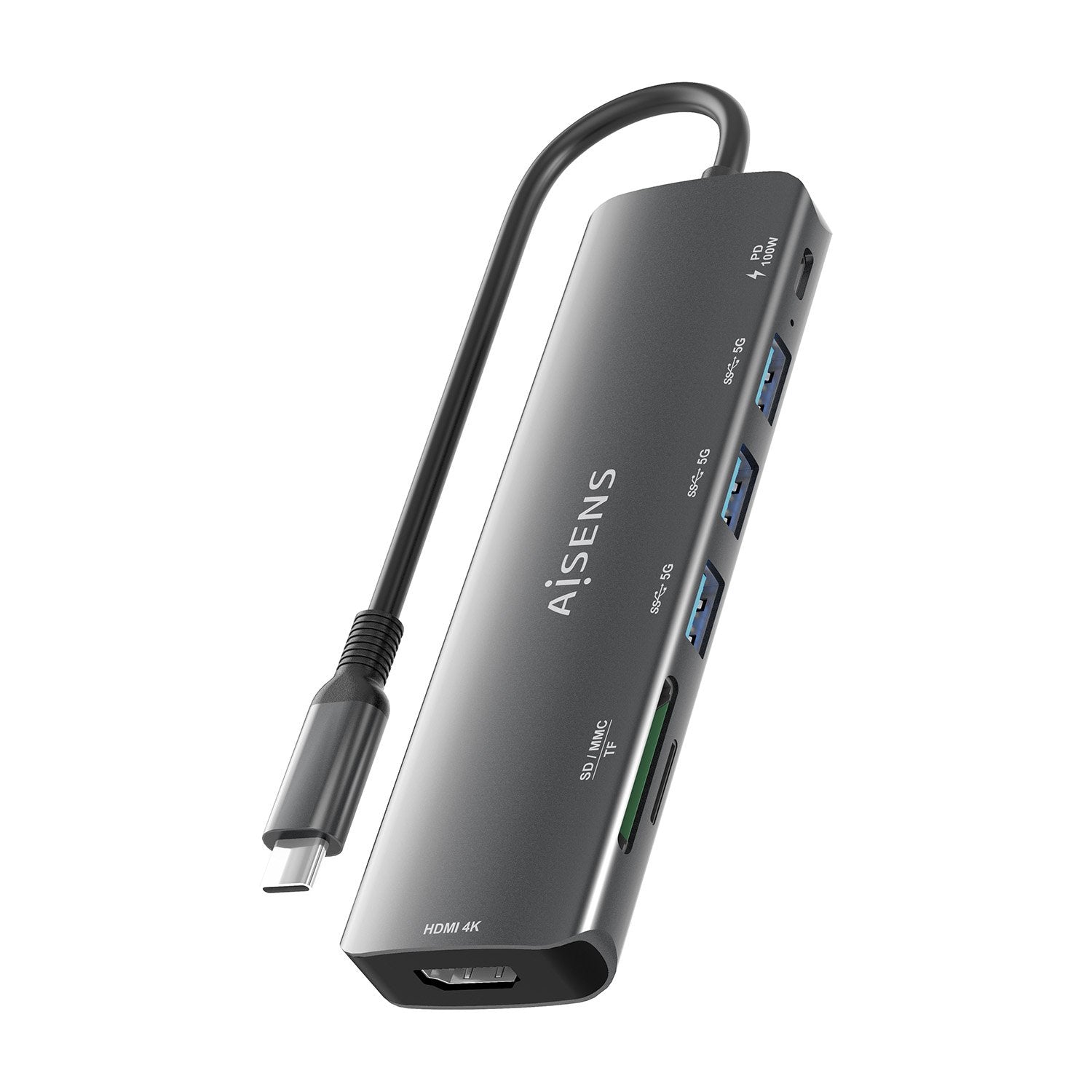 Aisens Usb-C Dock 7 En 1, Usb-C A 1xhdmi, 3xusb-A, 1xusb-C Pd 100w, 1xsd, 1xmicro Sd, Gris, 15cm