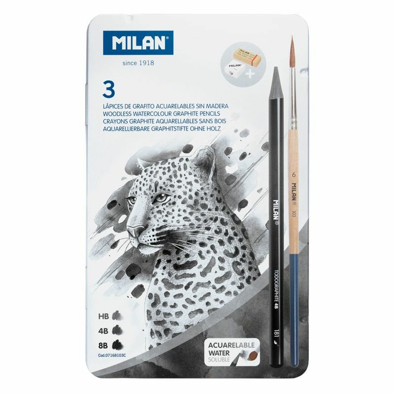 Milan Lápices Grafito Acuarelable Sin Madera 3 (Hb/4b/8b) + 1 Sacapuntas + 1 Goma + 1 Pincel En Caja Metálica